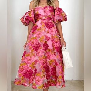 Off Shoulder Midi Dress - Pink Jacquard